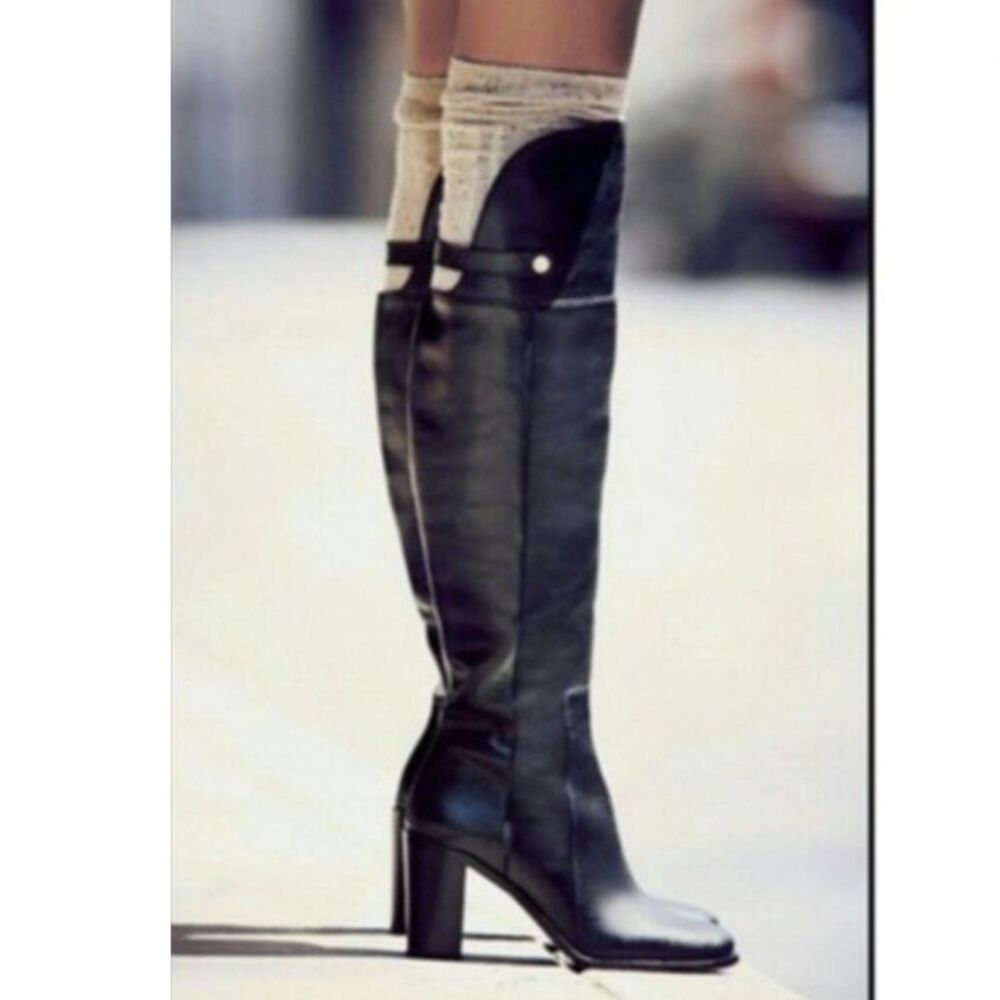 Louise et Cie Navaria OTK Boots Black Leather Sz 8 Like New Block Heel
